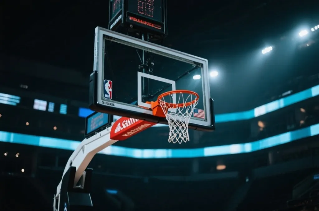 A professional basketball hoop and backboard in a modern indoor arena, dramatic lighting